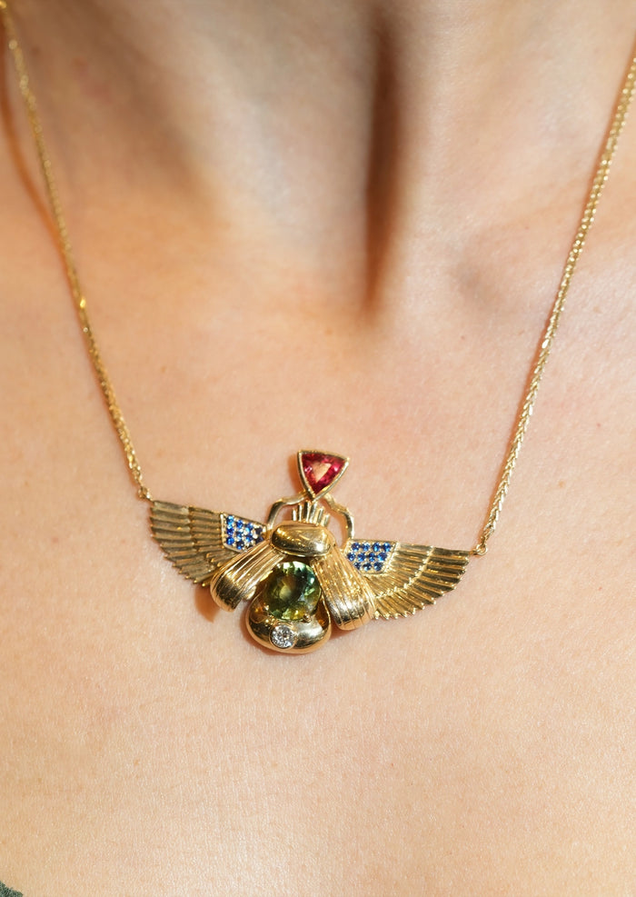 Scarab Necklace - Parti Sapphire + Padparadscha