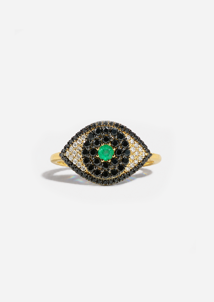 Evil Eye Protector Ring - Black Diamond + Emerald