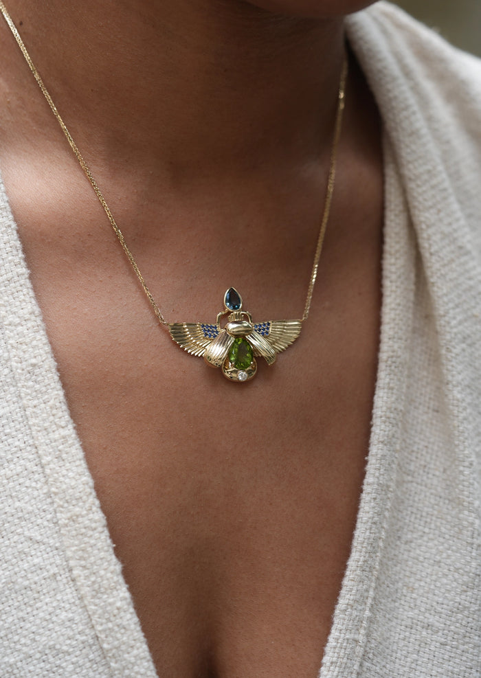 Scarab Necklace - Peridot + London Blue Topaz