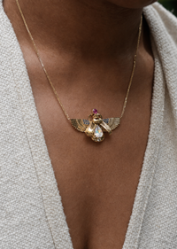 Scarab Necklace - Rainbow Moonstone + Madagascar Ruby