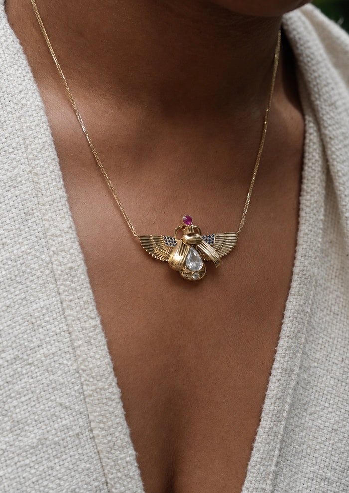 Scarab Necklace - Rainbow Moonstone + Madagascar Ruby