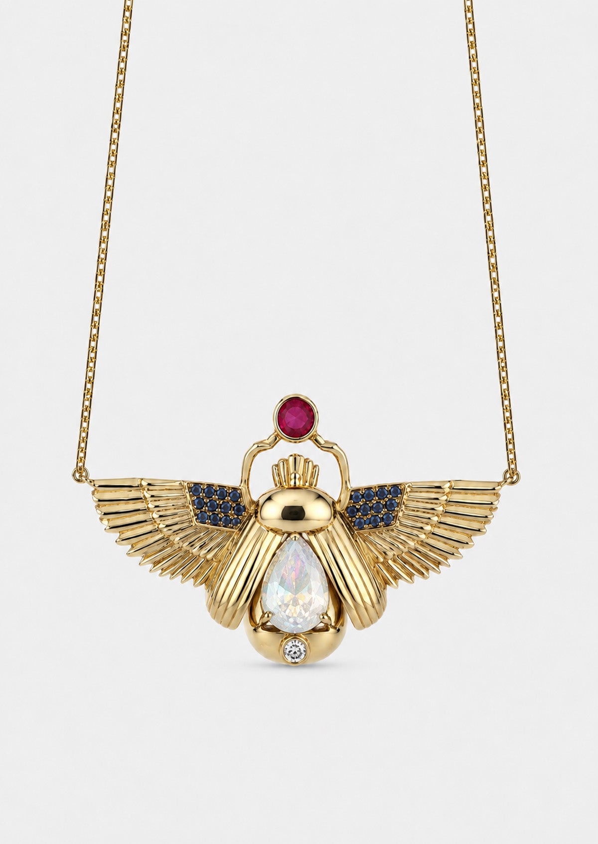 Scarab Necklace - Rainbow Moonstone + Madagascar Ruby