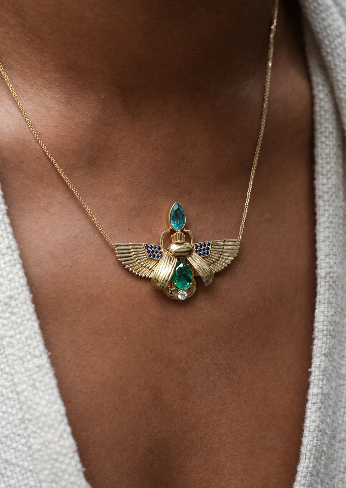 Scarab Necklace - Zambian Emerald + Apatite