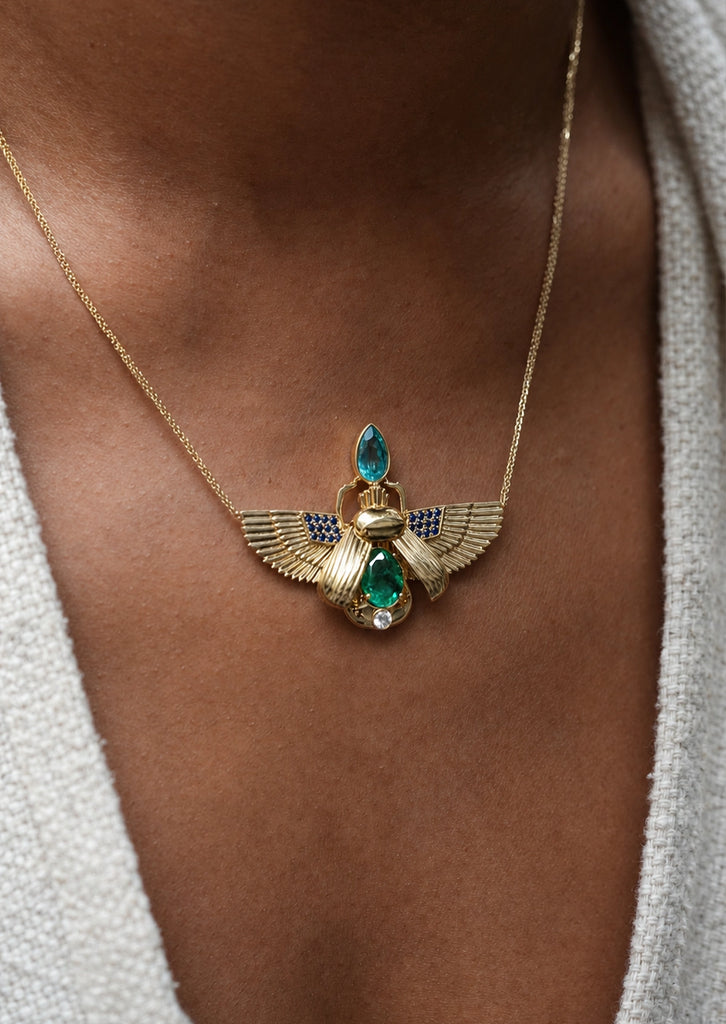 Scarab Necklace - Zambian Emerald + Apatite