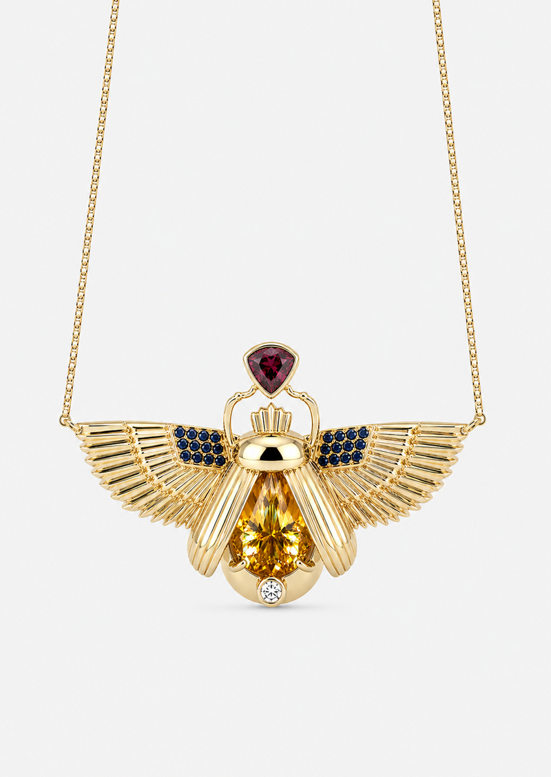 Scarab Necklace - Sphene + Raspberry Garnet