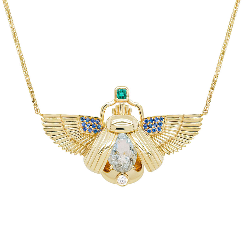 Scarab Necklace - Aquamarine + Columbian Emerald